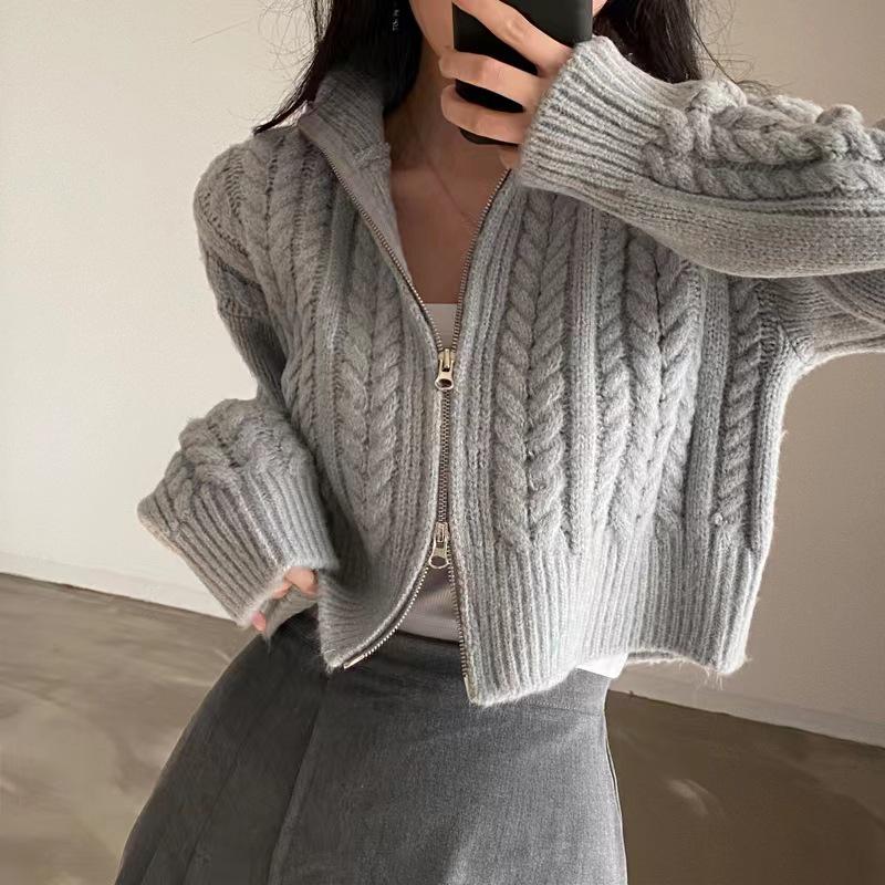 2025 Korean Retro Double-Zip Twisted Sweater Cardigan - Autumn/Winter Edition