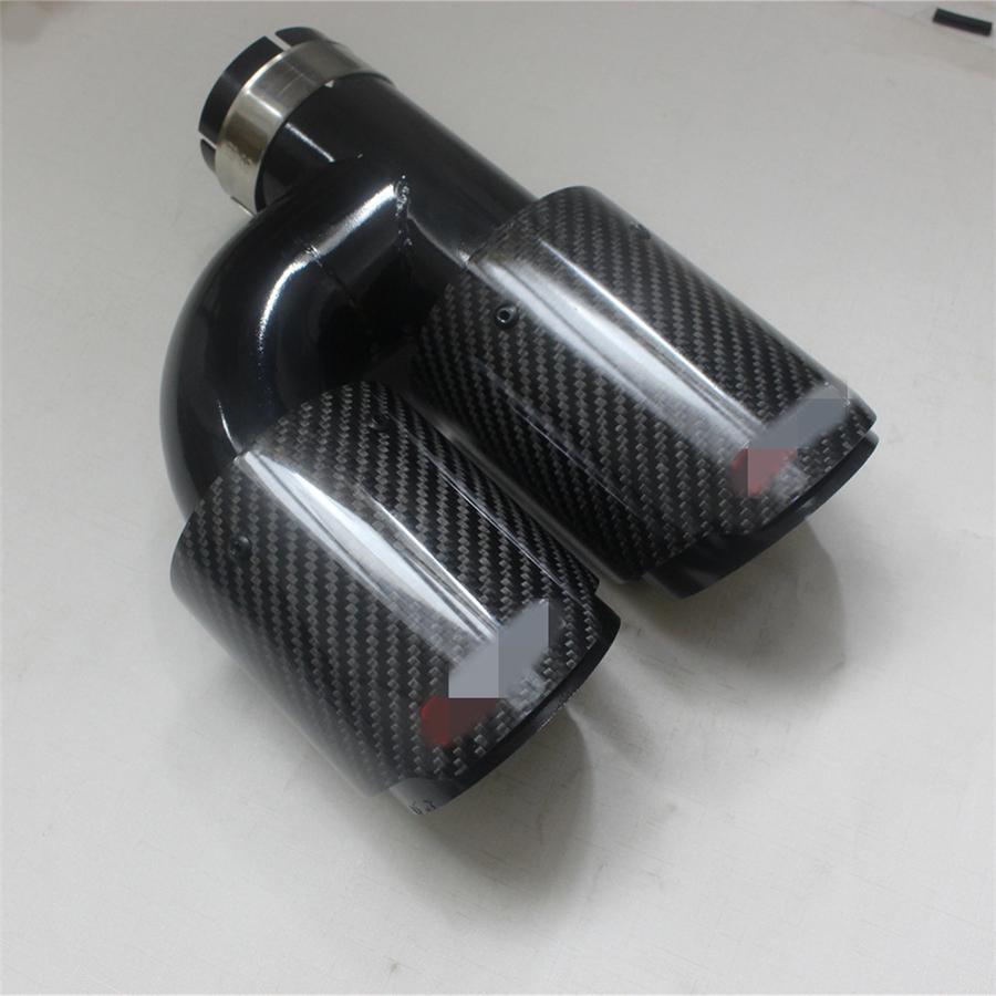 Universal Pair Left + Right Glossy 100% Real Carbon Fiber 63mm In 89mm Out Car SUV Dual Pipe  Exhaust Pipe Tail Muffler Tip Full Black
