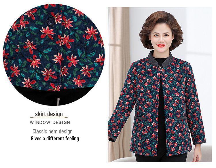 Women's Floral Corduroy Quilted Jacket - Lightweight Autumn/Winter Fashion for Middle-Aged & Elderly