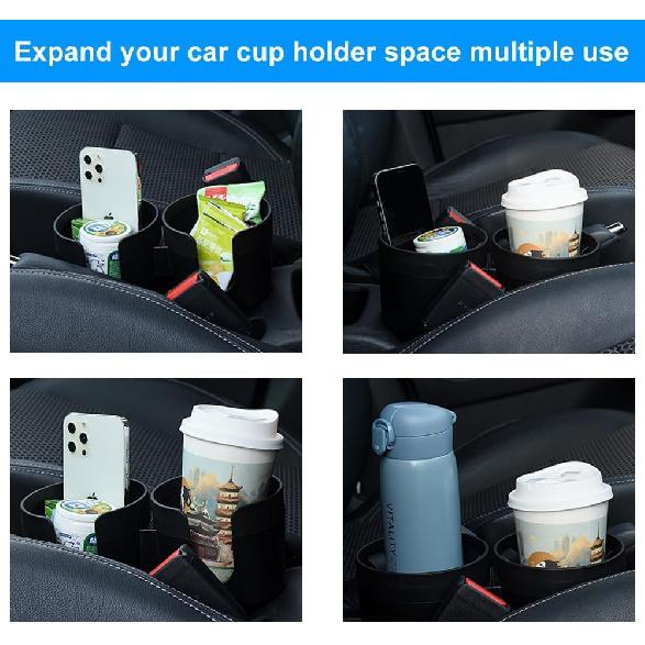 JSCARLIFE Dual Cup Holder Expander for Car - 2 in 1 Adjustable Car Cup Holder Adapter with Snack Organizer, Fits Most Vehicles, Holds Bottles, Cups,
