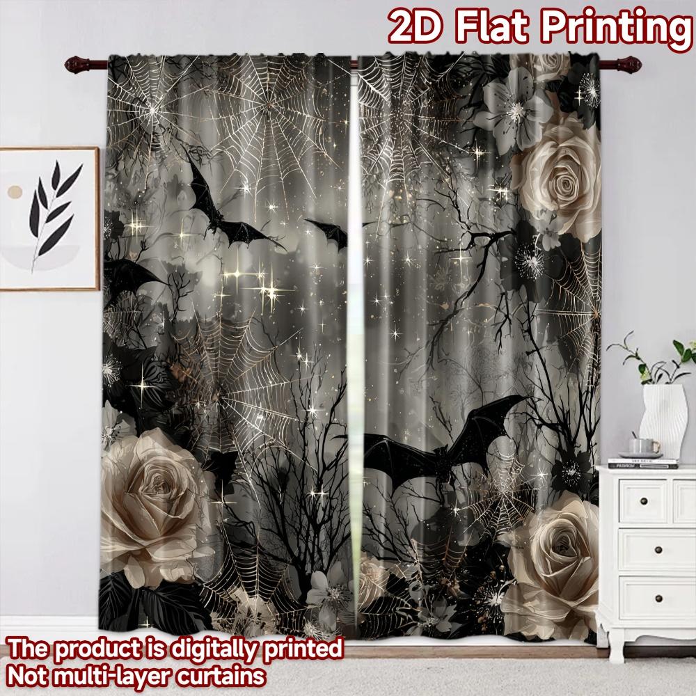 2D Flat Printing 2pcs Curtain Party Curtains Halloween Bats and Webs Digital Printed Polyester Drapes Birthday Party for Festive