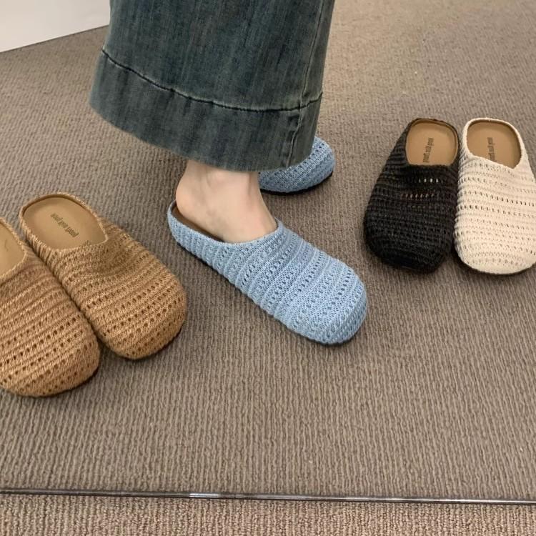 French Niche Hand-woven Hollow Breathable Bag Head Half Slippers Women's Summer Wear Roman Style Thick-soled Boken Shoes
