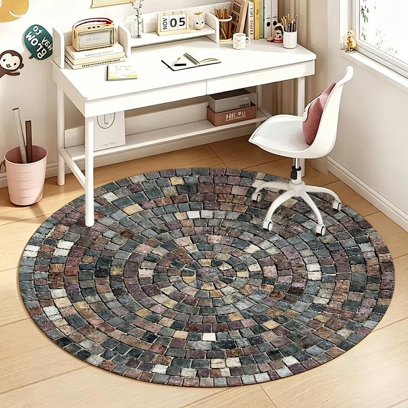 1Pcs Stone Round Rug Non-Slip Machine Washable Floor Mat 2D Flat Vintage Floral Area Rug for Living Room Bedroom Decor