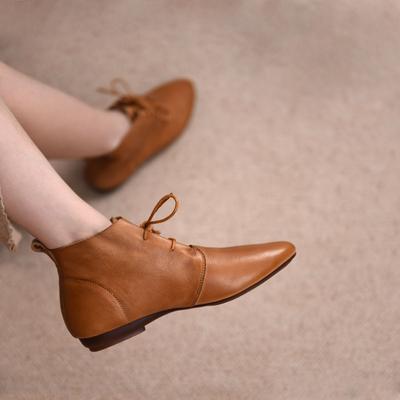 Fashion New Women's Ankle Boots Lace Up Leather Shoes Pointed Toe Flats Soft Sneakers for Female Motorcyle Boots Black Booties