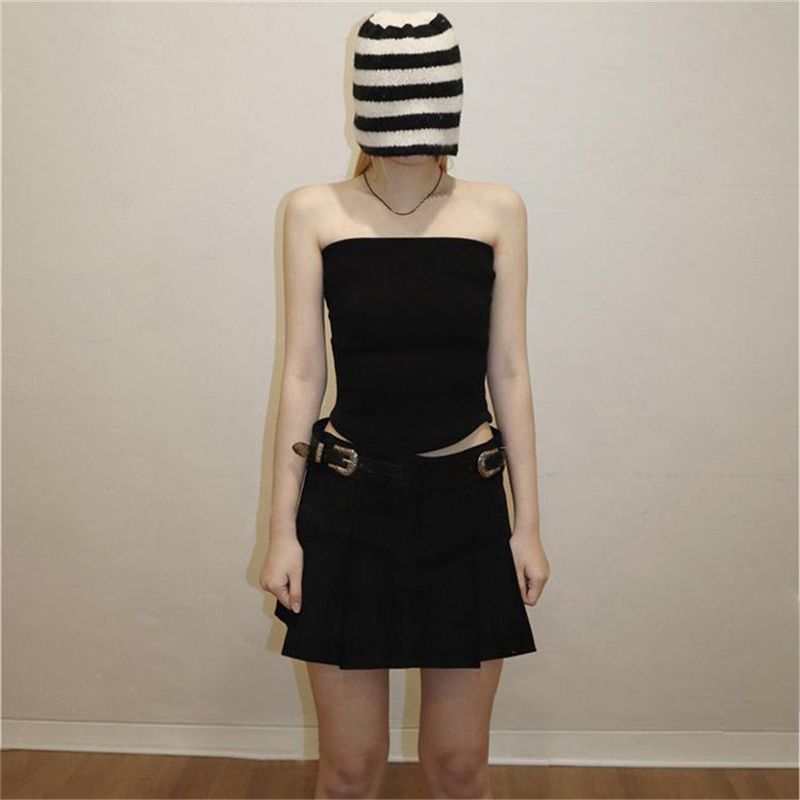 

# Sisjuly# Street Fashion Stylish Elastic Slim Fit Slimming Tube Top Female Sweet and Spicy Style Elegant Versatile Top Black L