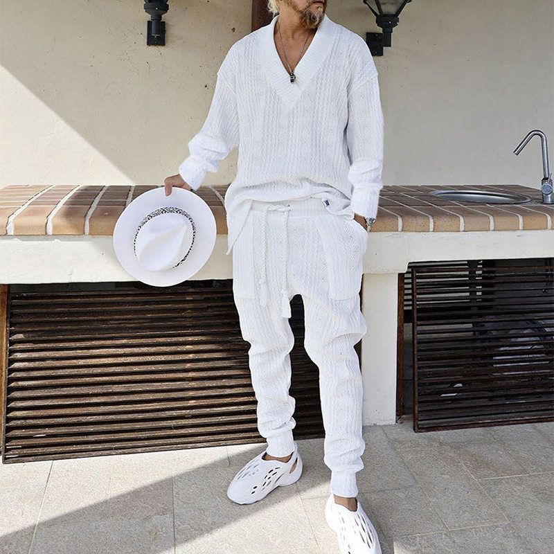 European and American Style Men's Suits 2025 Autumn New Casual Knit Suits Men's Summer Loose Long-Sleeved Tops and Long Pants Men's Clothing