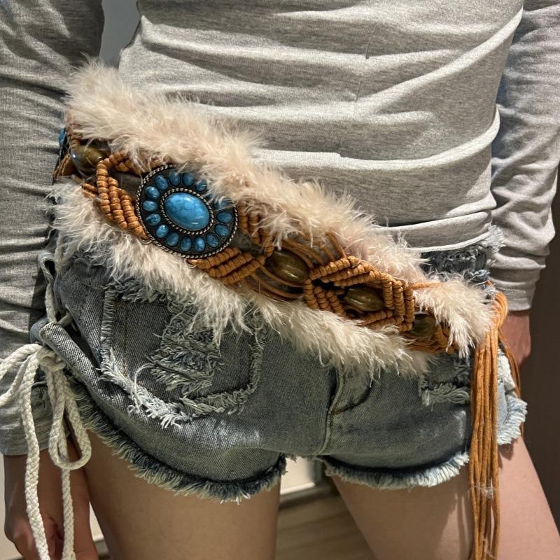 Street Corn-eye Metal Buckle, Furry Patchwork, Niche Belt, Spicy Girl Style, Individual Cinched Waist, Slimming, Versatile Belt