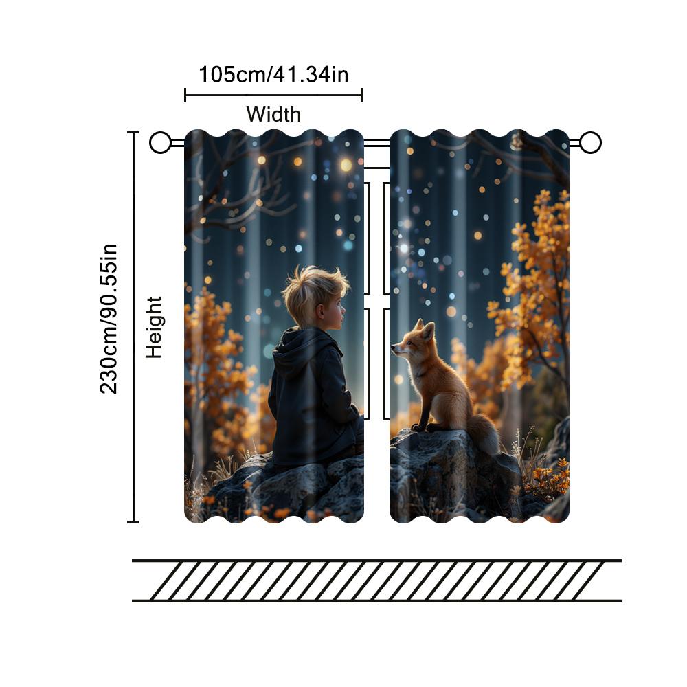 2 Pcs, Filtering Curtains (excluding Rods, Non-movable, Without Batteries) Boy & Little Fox for Use In Bedrooms and Living Rooms