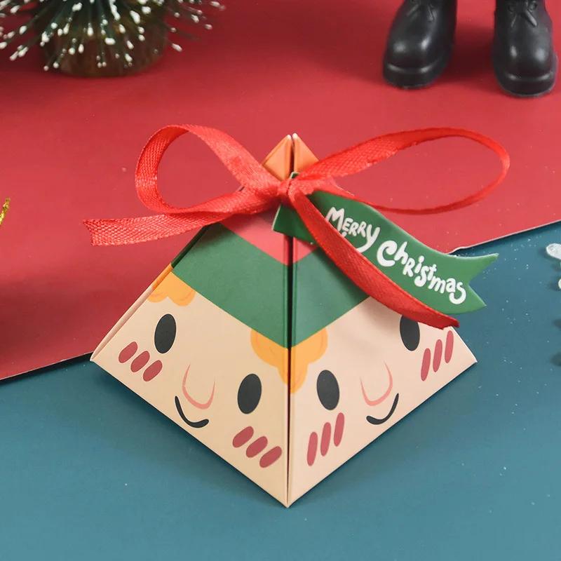 10 Pcs Cartoon Santa Paper Boxes Pyramid Triangle Ribbon Sweet Candy Paper Chocolate Packaging Box For Xmas New Year Party
