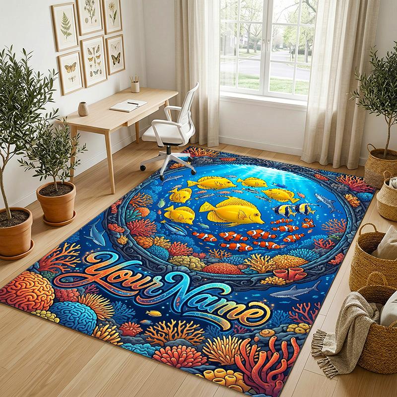 Underwater Coral Paradise Theme Soft Crystal Velvet Rug Custom Name & Text Print Non Slip Floor Rug for Bedroom Living Room