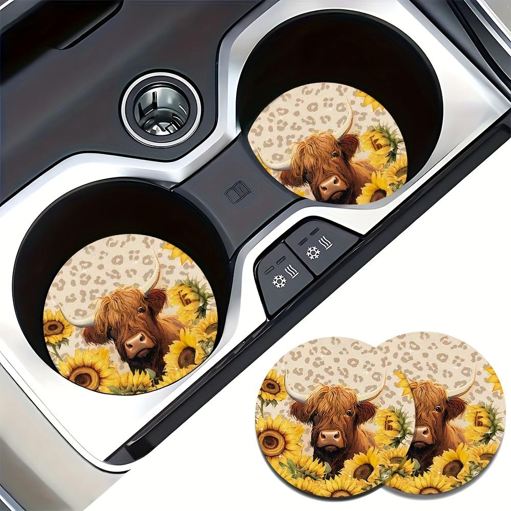 2 шт. Подставка под стакан в машину, Милый дизайн с подсолнухом и принтом highland cow, Защита для автомобильного подстаканника, Полный комплект автомобильных аксессуаров 2pcs