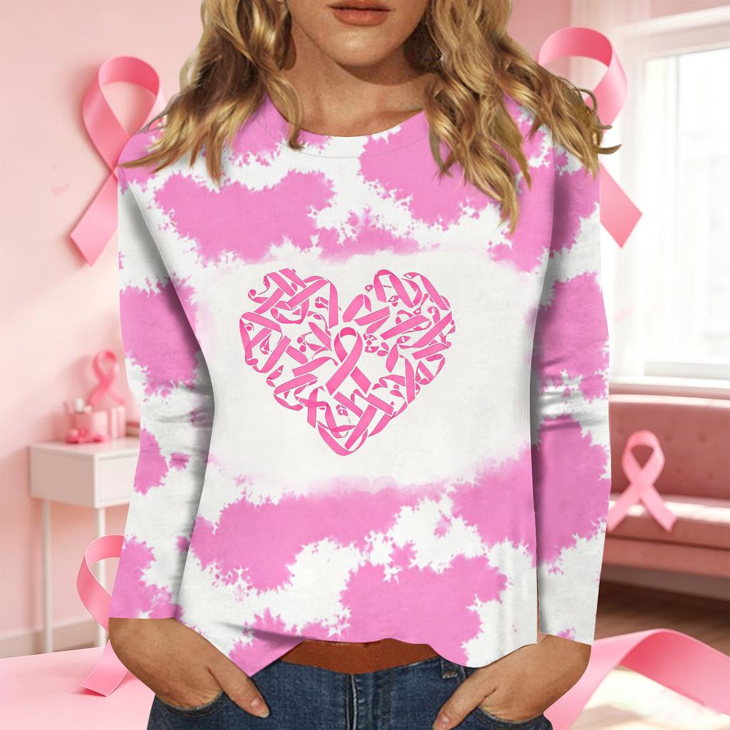 Women's Casual Long Sleeve T-Shirt with Ribbon Print Round Neck Top for Everyday Wear