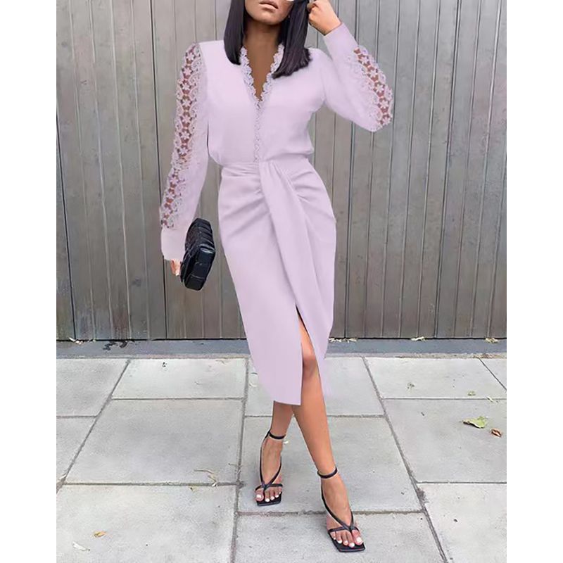 

Новое поступление Офисный стиль Кружевная вставка Вечернее платье Юбка с разрезом Purple S