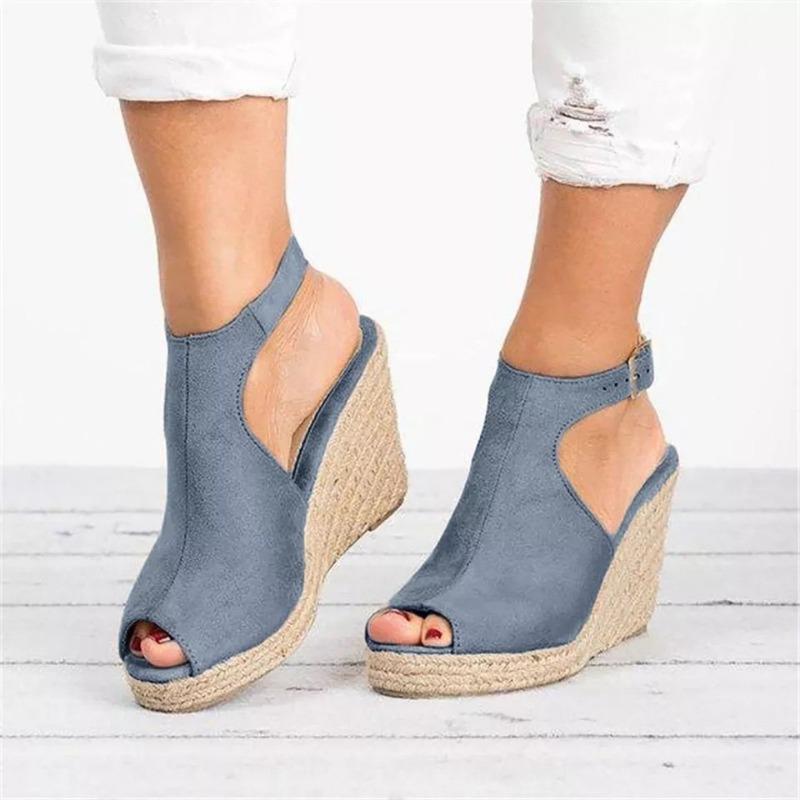 

Summer large size fish mouth hollow women s sandals thick-soled wedge sandals women s one-word buckle suede hemp rope sole sandals women 43 серый
