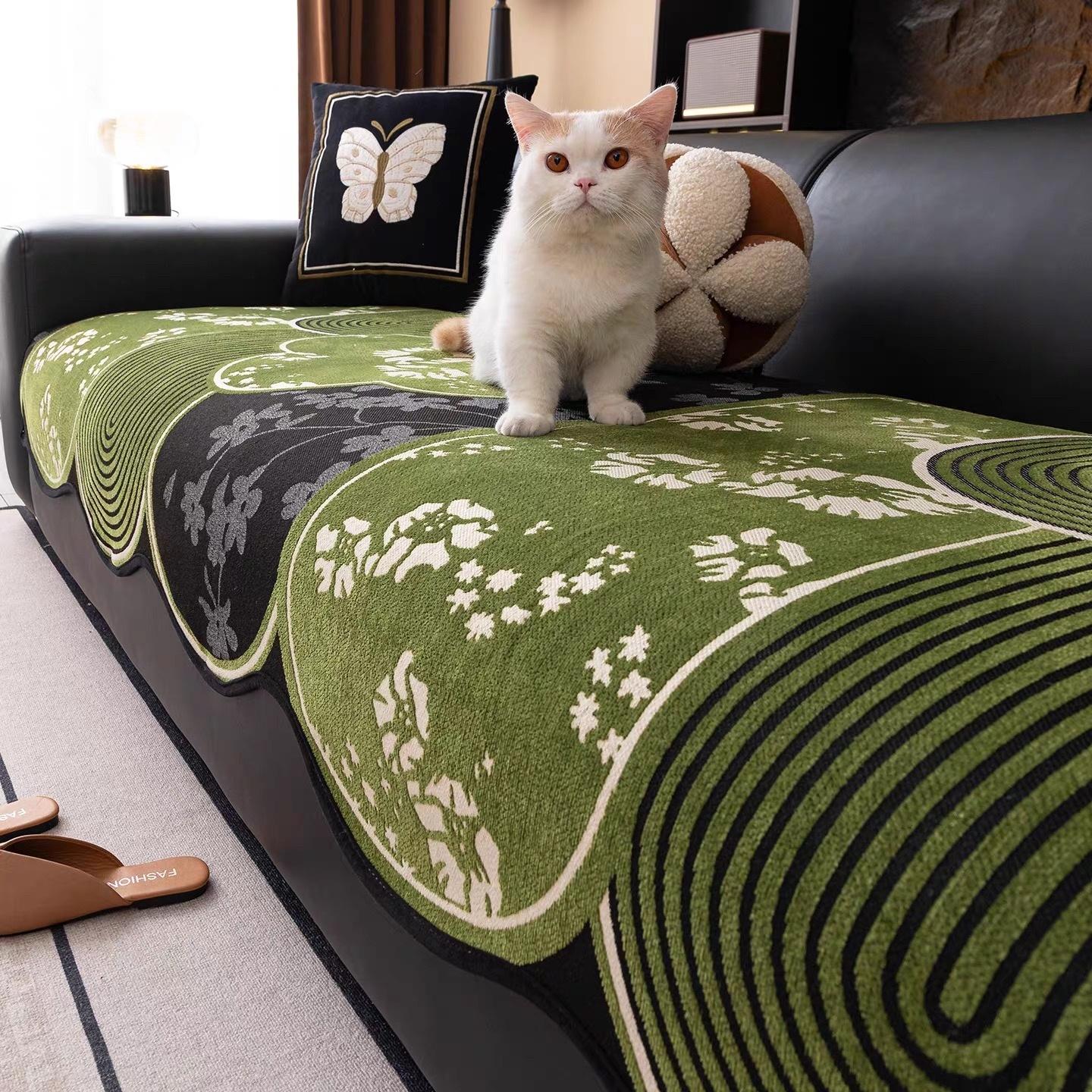 

1 шт. Изогнутая форма арок, Цветочный чехол на диван с подолом, Нескользящее, Защищающее от царапин, Всесезонное полотенце для дивана для гостиной, Чехол на сиденье дивана 90x90cm зелёный