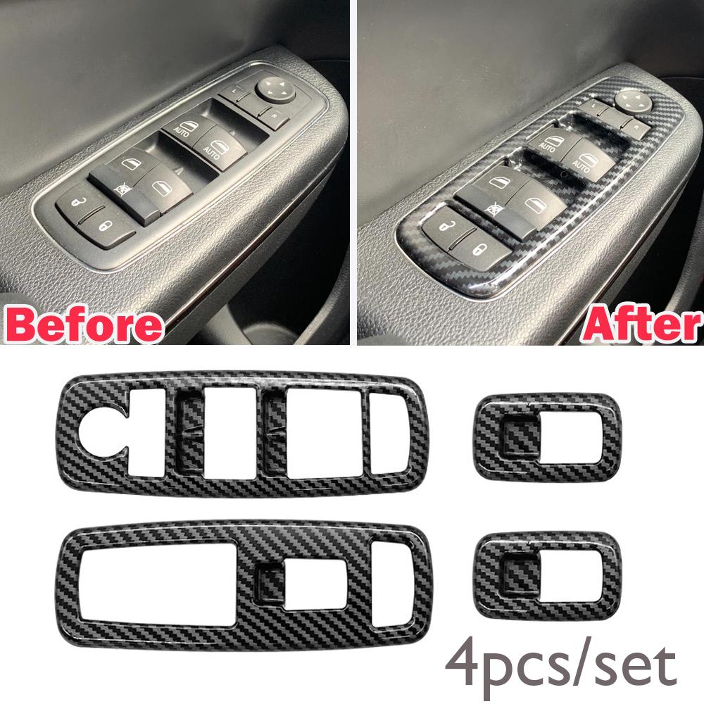 Für Dodge Charger 2016-2021 Inneres Fensterheber-Panel-Zierleiste Schwarz Kohlefaser ABS Dekoration Innenraum Fenster-Schalter-Abdeckung Zierleiste 4 Stück