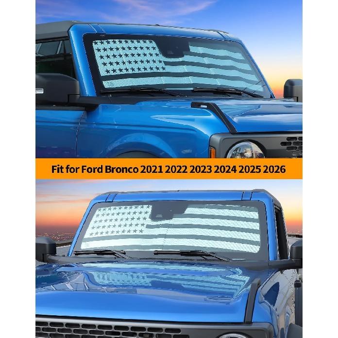Hoolcar Windshield Sunshade Fit for Ford Bronco Accessories 2021 2022 2023 2024 2025 2026 Sun Shade Heat Shield Sun Visor for Bronco, US Flag