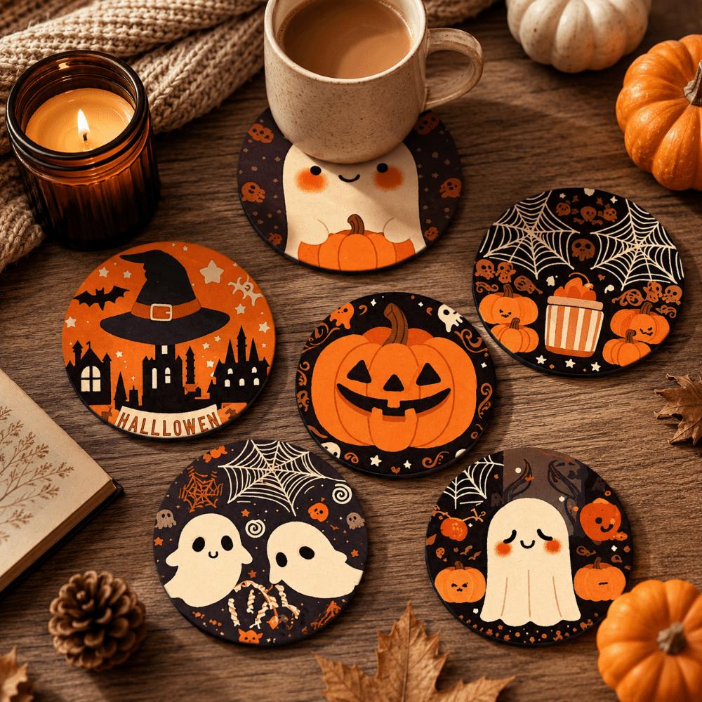 6pcs Wooden Halloween Coasters Pumpkin Heat Insulation Pad DIY Tableware Mat Cafe