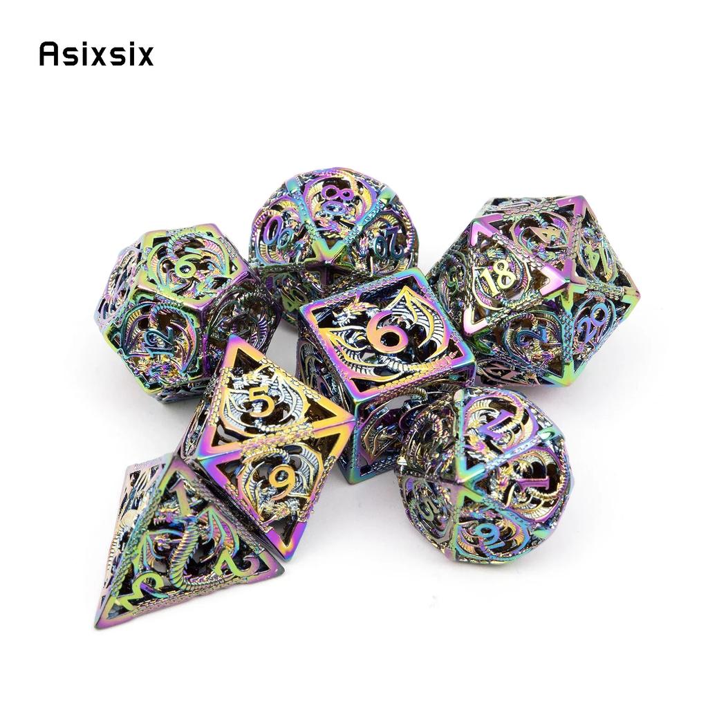 7 Pcs Silver Colorful Dragon Metal Dice Hollow Metal Polyhedral Dice Set Suitable For Role-Playing Game