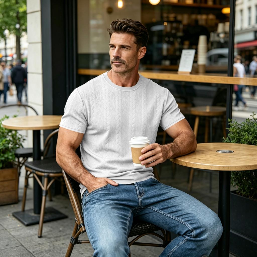 Men's Short Sleeve Crew Neck Knit T Shirt Classic Fit Cable Pattern Pullover Top for Casual Daily Wear