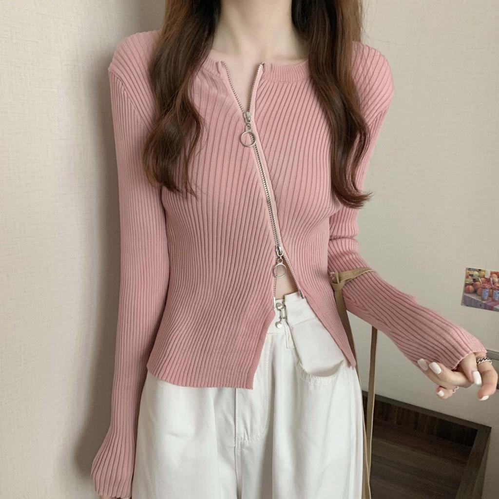 2025 Spring & Fall Women's Slim Fit Zipper Cardigan - Long Sleeve, Irregular Knit Top