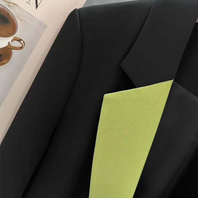 Dámský podzimní sako s dlouhým rukávem a kontrastním patchworkem, ležérní do kanceláře, dámská bunda