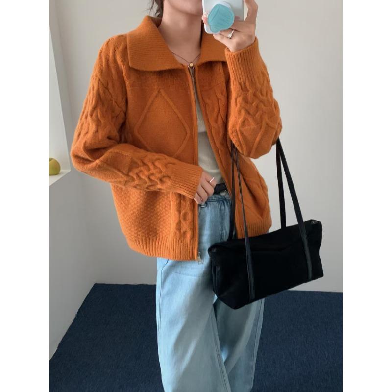 Vintage knitted cardigan women's clothing autumn and winter new loose lazy wind twist lapel zipper sweater jacket women