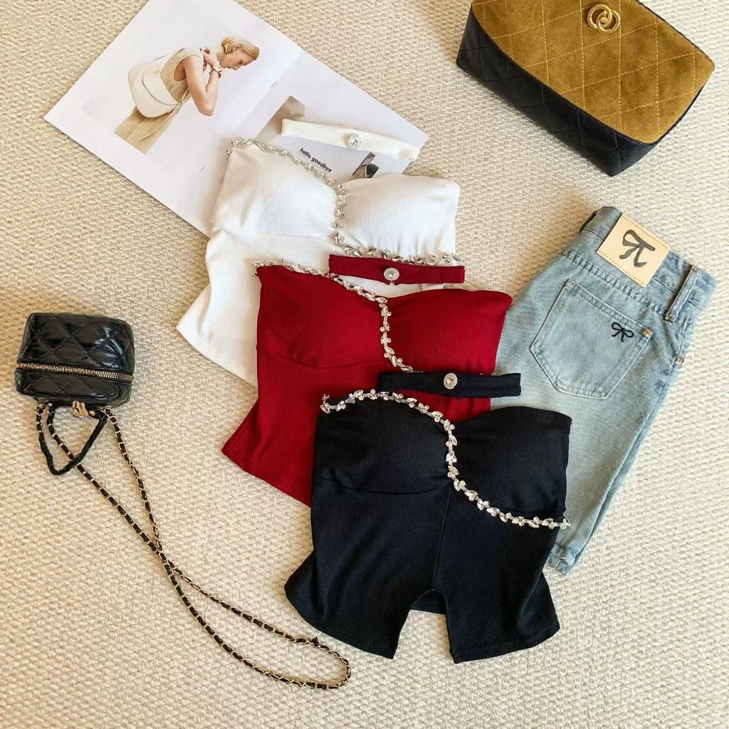 With chest pad, with scarf, heavy industry flash diamond collar design, small fragrant vest, tube top, sexy hottie outerwear top