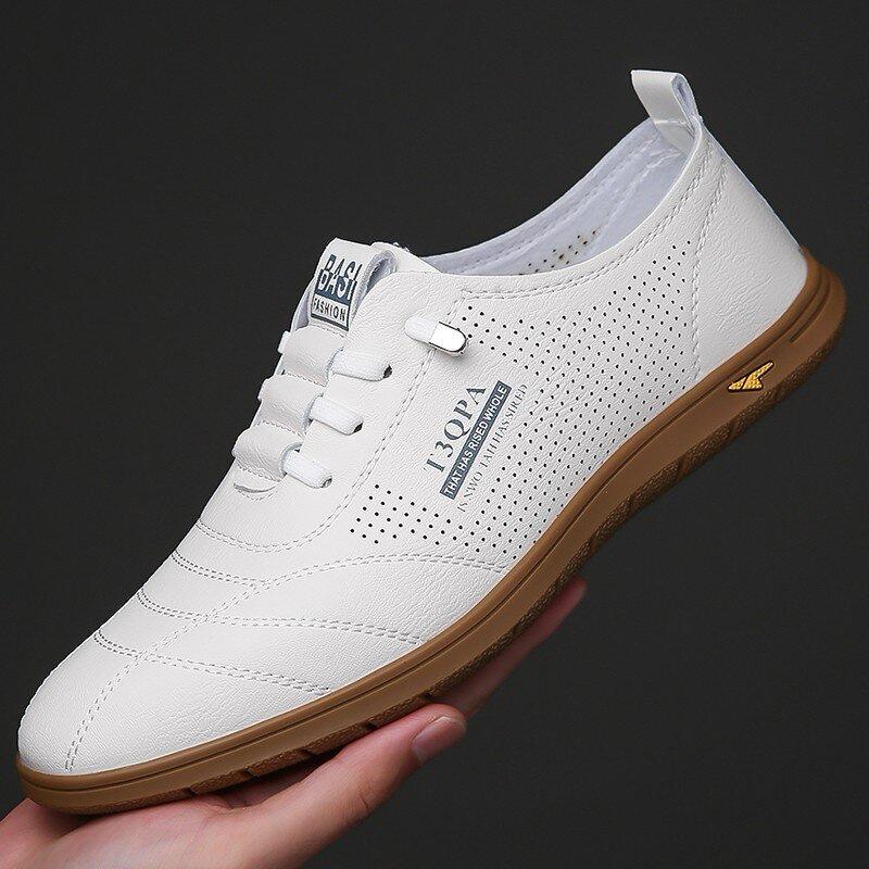 New round head men's casual shoes business trendy men's cow single shoes little white shoes leather shoes