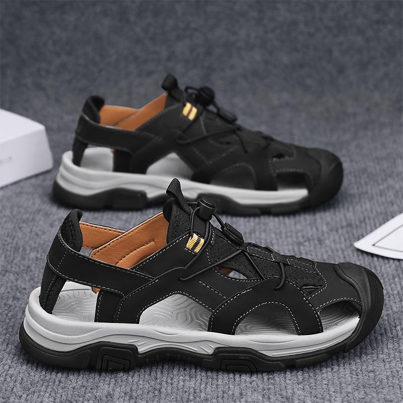 Fashion Italian Anti-collision Toe Summer Breathable Shoes Casual Leather Men Hollow Out Sandals New Outdoor Beach Shoes All-match Flats