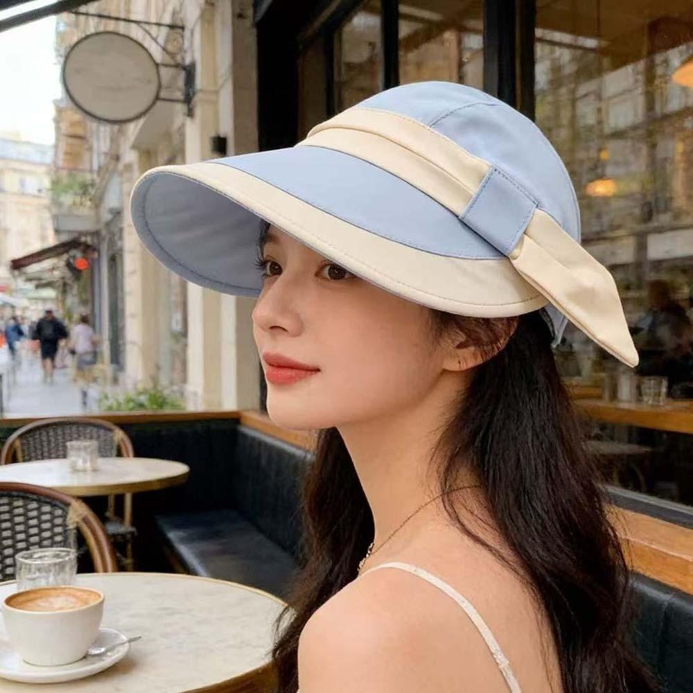 Polyester Wide Brim Sun Cap Portable Women Sunshade Hat Contrast Color Visor Cap  Seaside Vacation