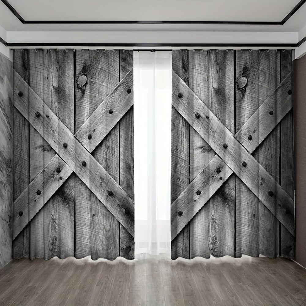2 Paneele Rustikaler Vorhang Vintage Holztür Bedruckt Stangentasche Fensterdekoration Für Schlafzimmer Büro Küche Wohnzimmer