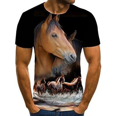Pferde Lässiges Herren 3D Shirt Zum Geburtstag | Schwarz Sommer Herren Unisex T-Shirt Tier Grafikdruck Rundhals 3D Große Größen Täglich Kurzarm Kleidung