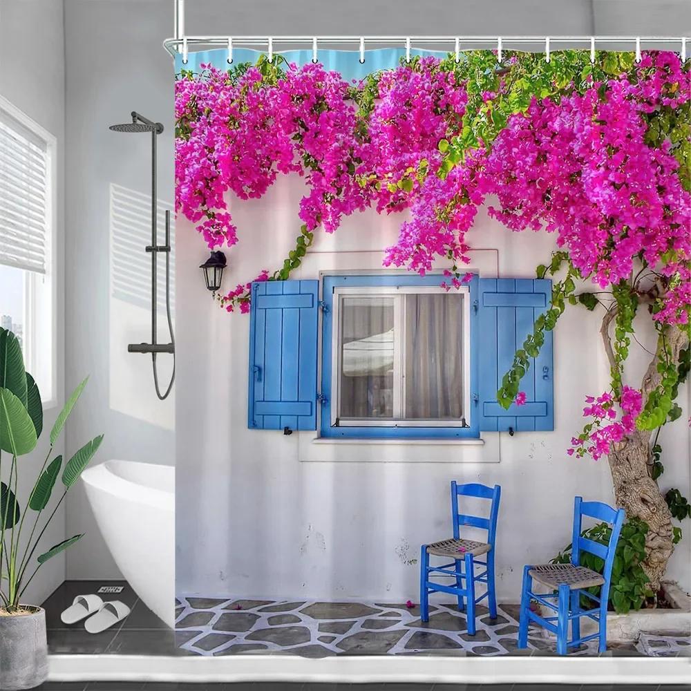 

Greek Street Shower Curtains Blue Wooden Door White Architectural Plants Flowers Wall Hanging Bathroom Curtain Decor With Hooks W60H190(CM)-1 Pcs