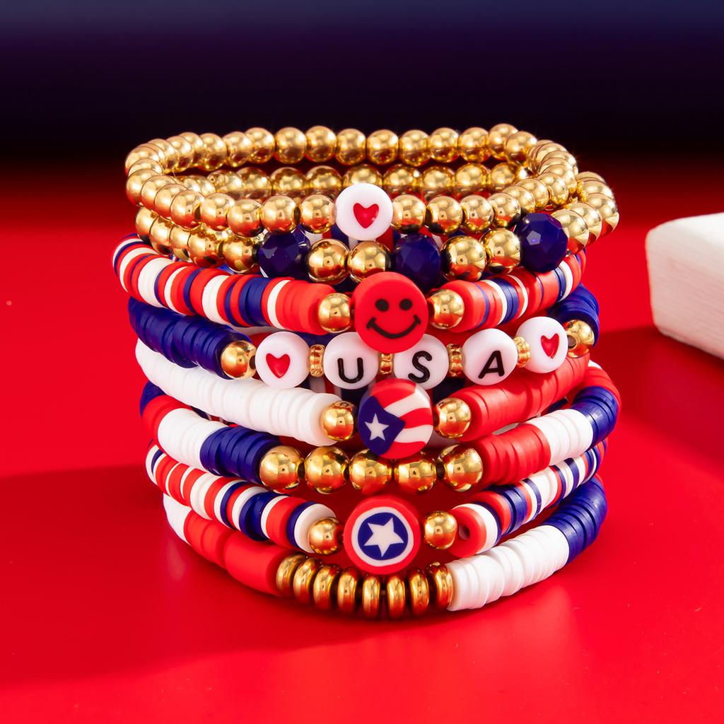 Independence Day Soft Pottery Beaded Letter Bracelet Set, Personalized Elastic Star Flag Contrasting Color Jewelry