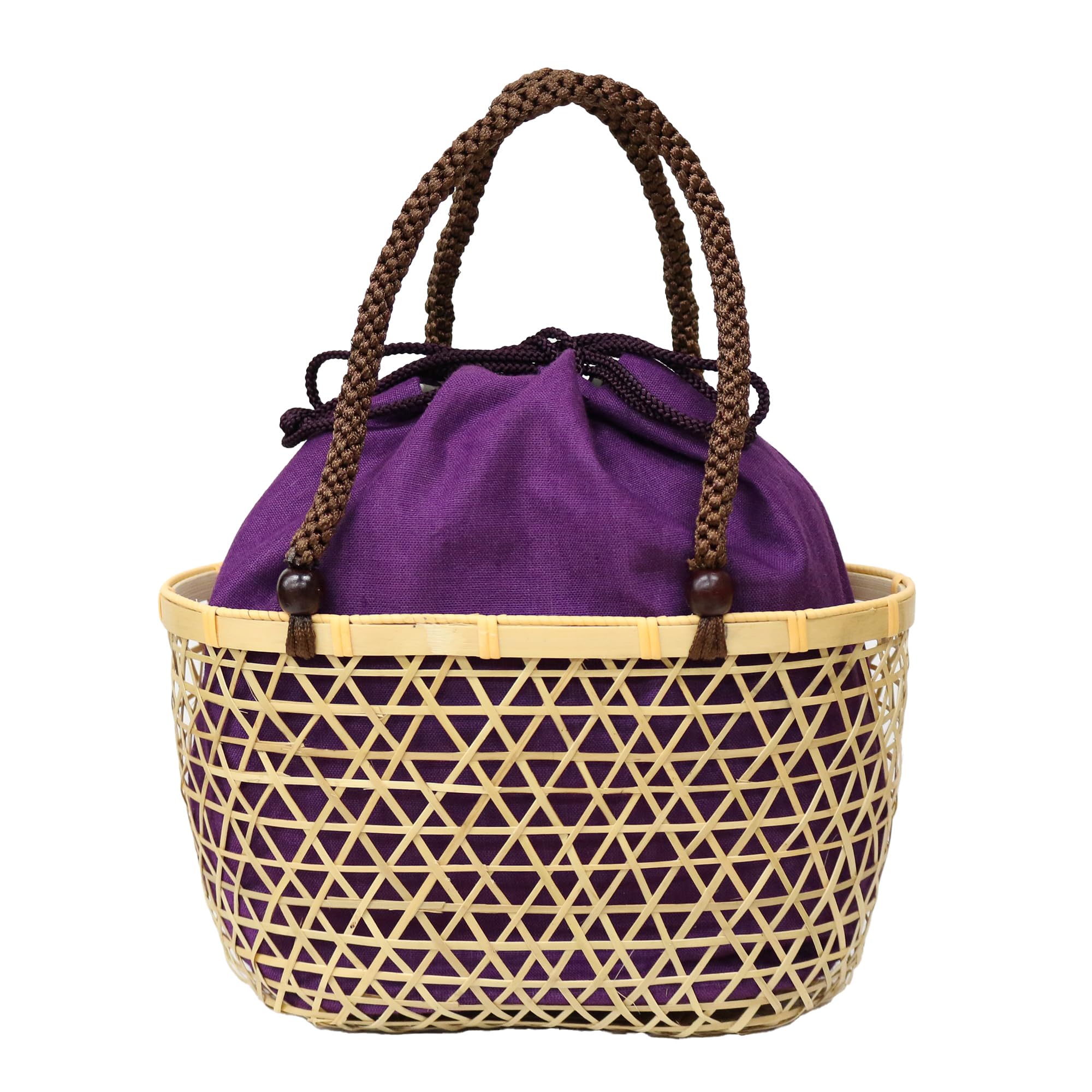 

Бамбуковая сумка-корзина с простым льняным шнурком натурального цвета, идеально подходящая для и юката [кимоно кафе] мешочек, цвет, ланч, пикники, (пурпурный) фиолетовый