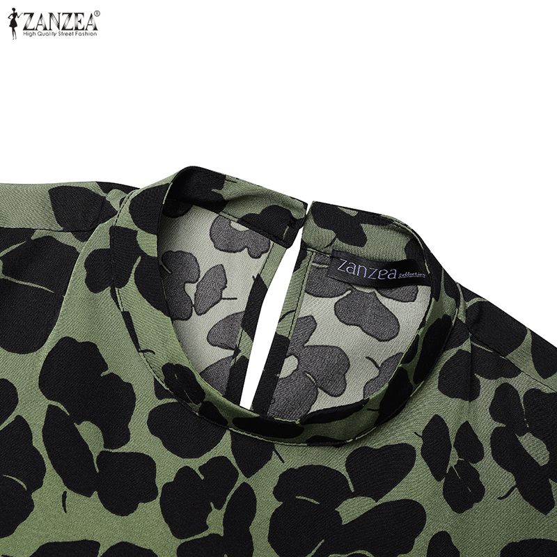 ZANZEA Damen Lässig Rundhals Locker Langarm Print Langes Kleid