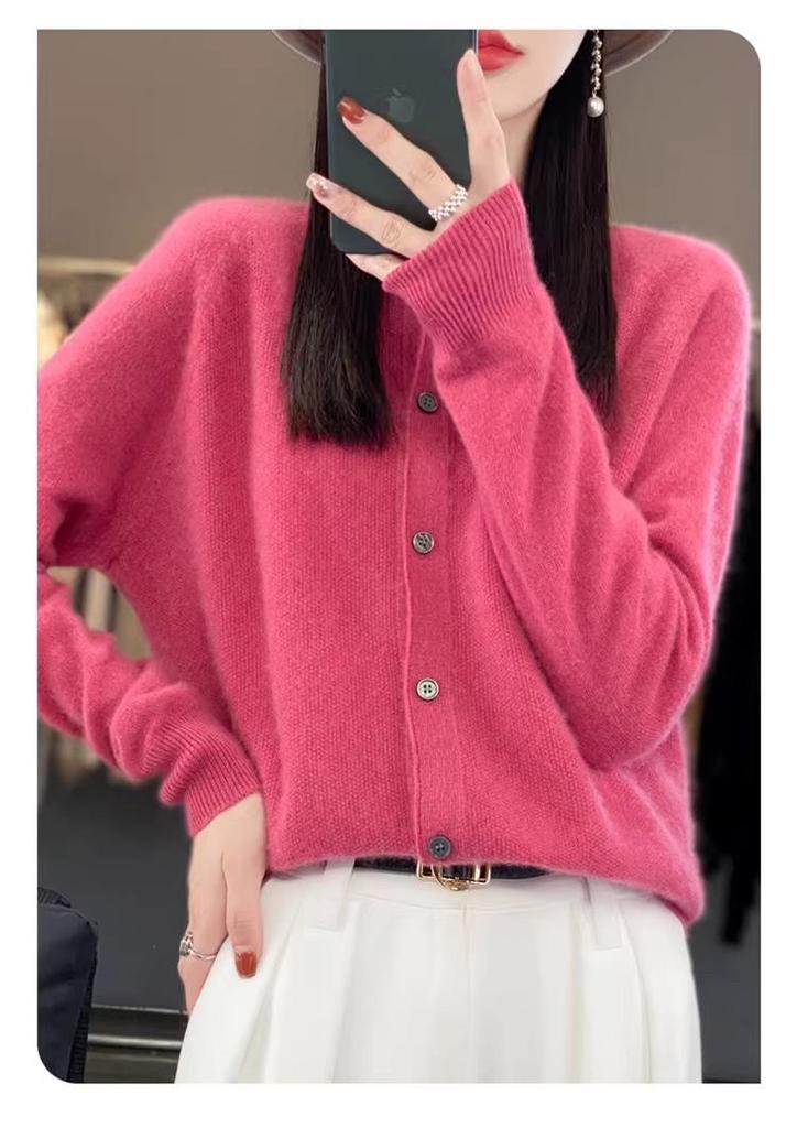 Women's 100% Pure Wool Round Neck Cardigan - Loose, Fashionable, Versatile Spring Knit Sweater.
