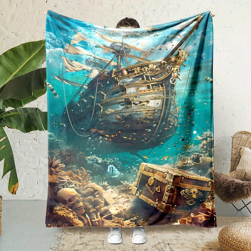 Adventure Pirate Ship Print Throw Blanket Reversible OceanThemed Flannel for AllSeason Comfort Nautical Gift Joy 75x100cm