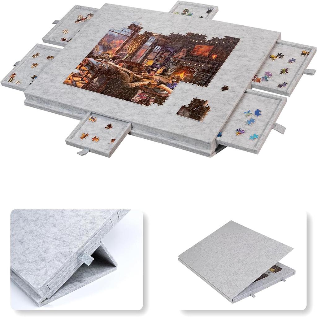 Foldable Children's Puzzle Table with Stand, Cover, and 6 Drawers