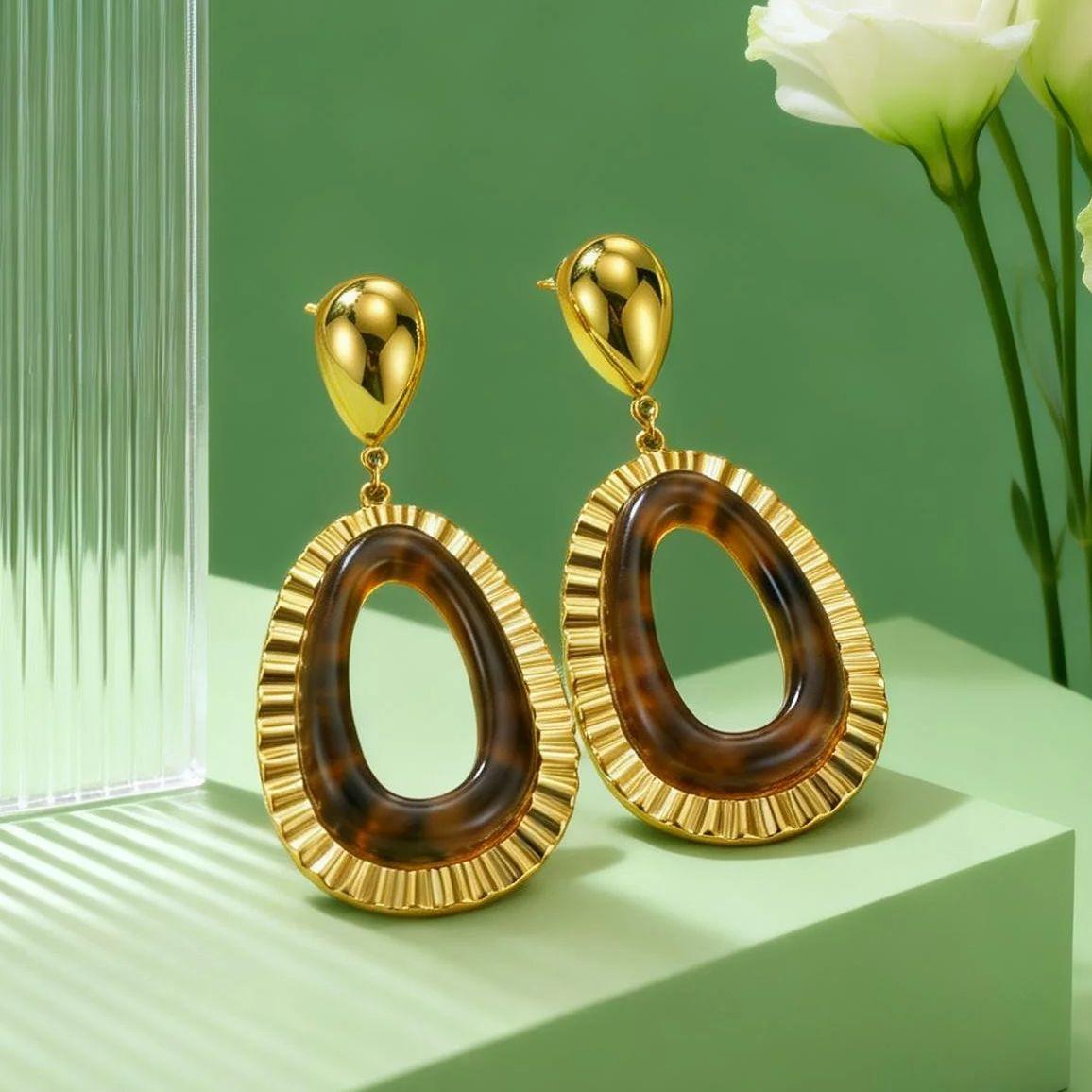 Stainless Steel Hollow Teardrop Earrings for Women 18K Gold Plated Resin Amber Stud Earrings Large Jewelry Gift