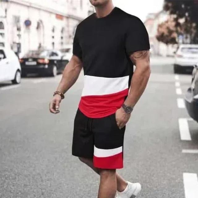 2-teiliges Herren-Outfit mit geometrischem Muster, trendiges lässiges T-Shirt und Shorts mit Rundhalsausschnitt, kurzärmelig, für das Training im Frühling und Sommer, bedruckte Herrenkleidung