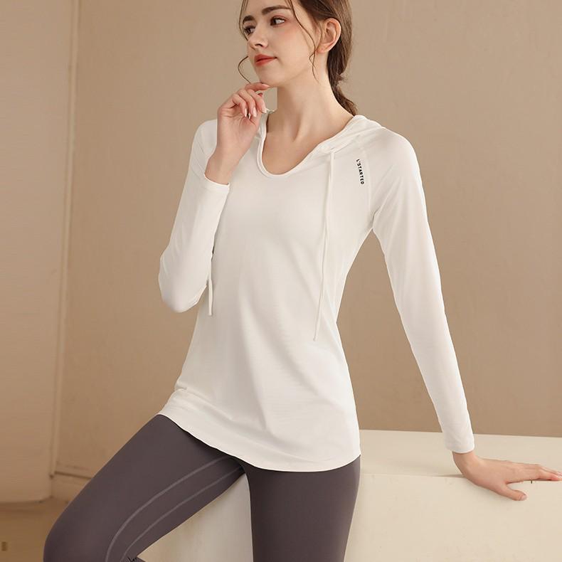 Damska luźna bluza fitness z kapturem i długim rękawem - Casualowy top do jogi o średniej długości, wygodny na jesień