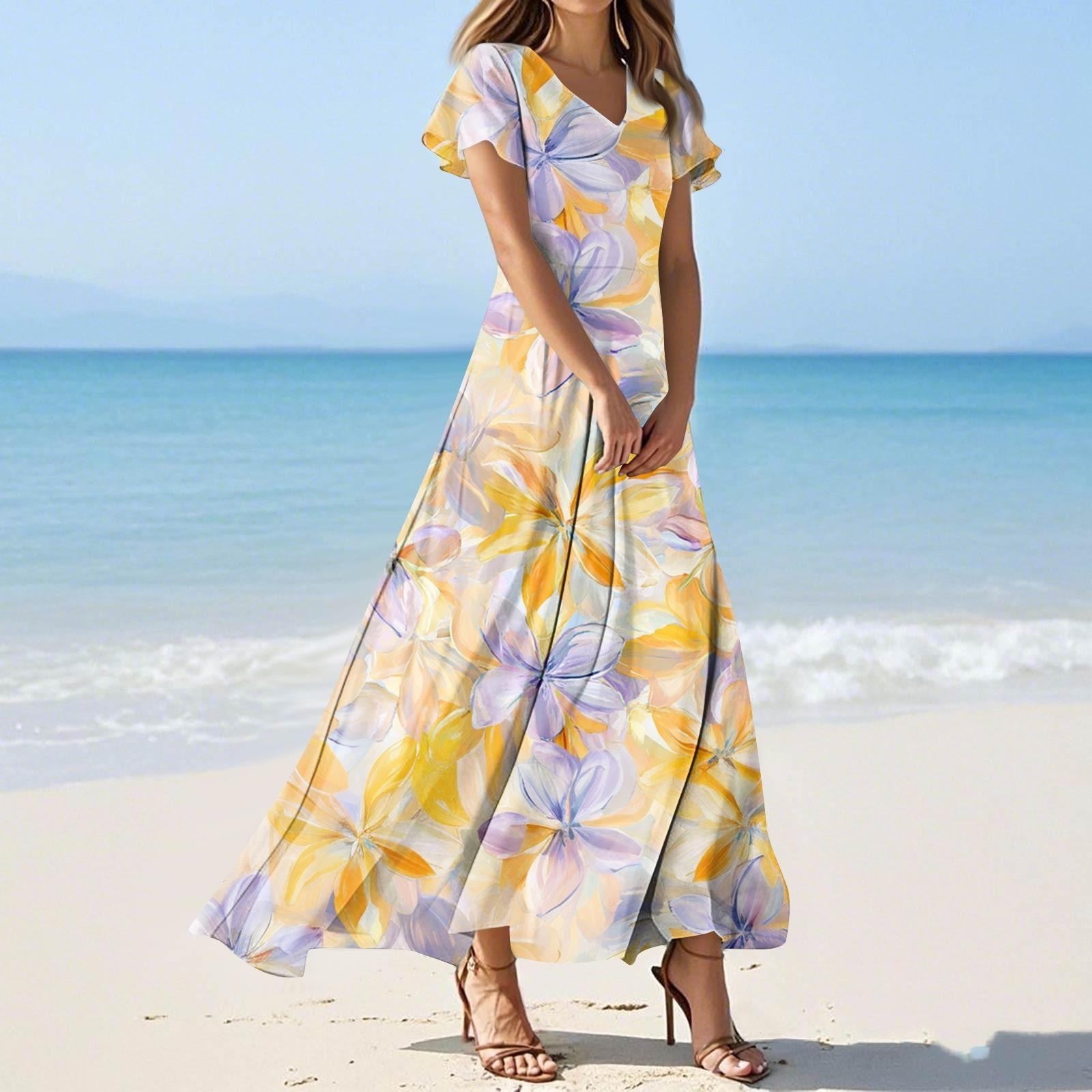 

Женские летние платья Повседневный сарафан Свободные платья с V-образным вырезом и струящимися оборками с короткими рукавами XS жёлтый