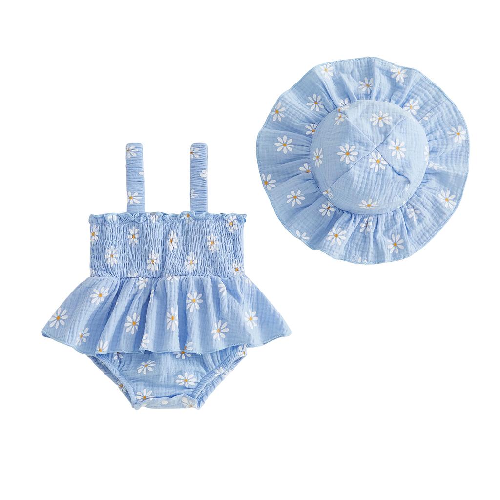 Citgeett Summer Infant Baby Girls Bodysuit Dress Casual Daisy Print Sleeveless Jumpsuit Cute Sun Hat Clothes Set