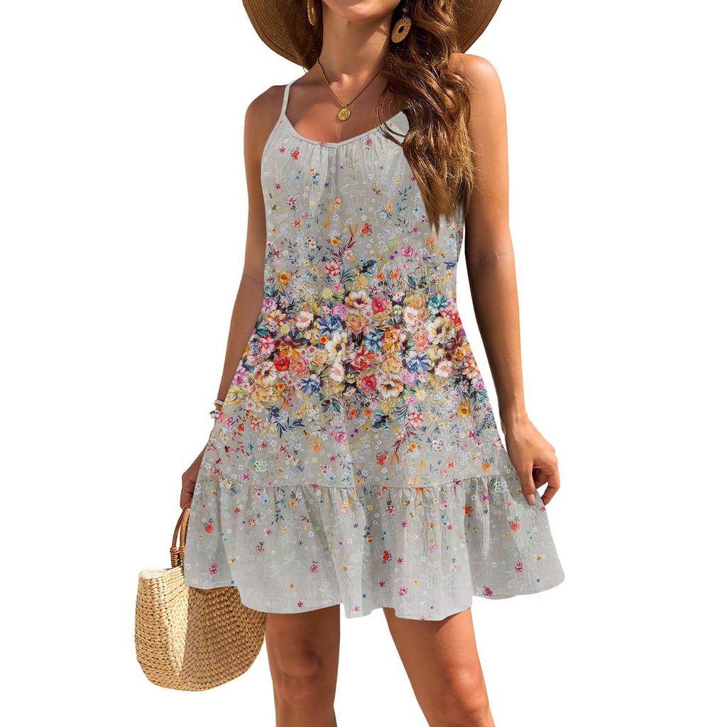 Damenkleider Ärmellos Locker Lässig Blumendruck Saum Falten Strandkleider