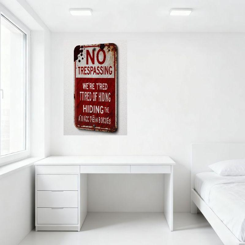 Vintage Red White Metal NO TRESPASSING Sign Rust Stains Retro Wall Decor for Home Bar Man Cave