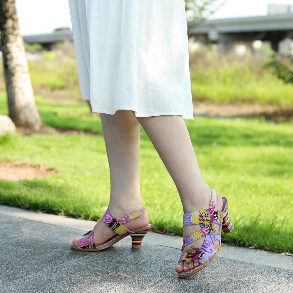 Johnature Women Sandals Genuine Leather Hand-painted Retro Contrast Comfortable High Heeled Sandals Shoes