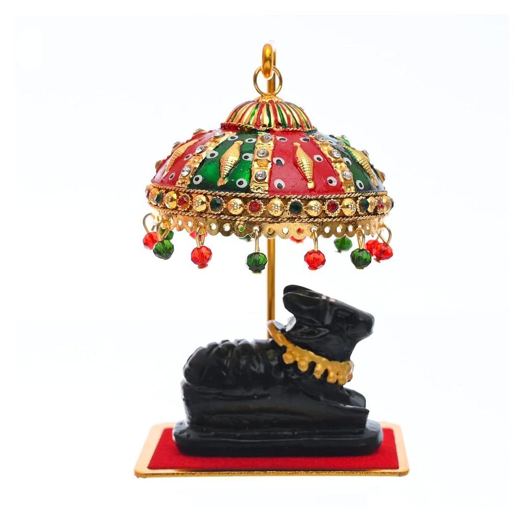 Metal Umbrella Chhatra with Hanging Crystals – Decorative Showpiece for God Idol, Car Dashboard, Office Table & Home Decor