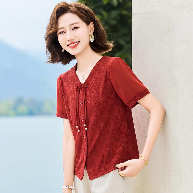 Pasite New Chinese Style Jacquard V-Neck Short-Sleeve Blouse 2XL